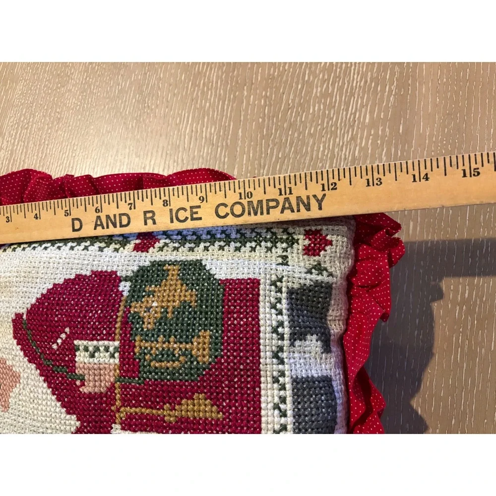 Vintage Handmade Santa Cross Stitch Pillow Christmas Needlepoint Red Ruffle 12